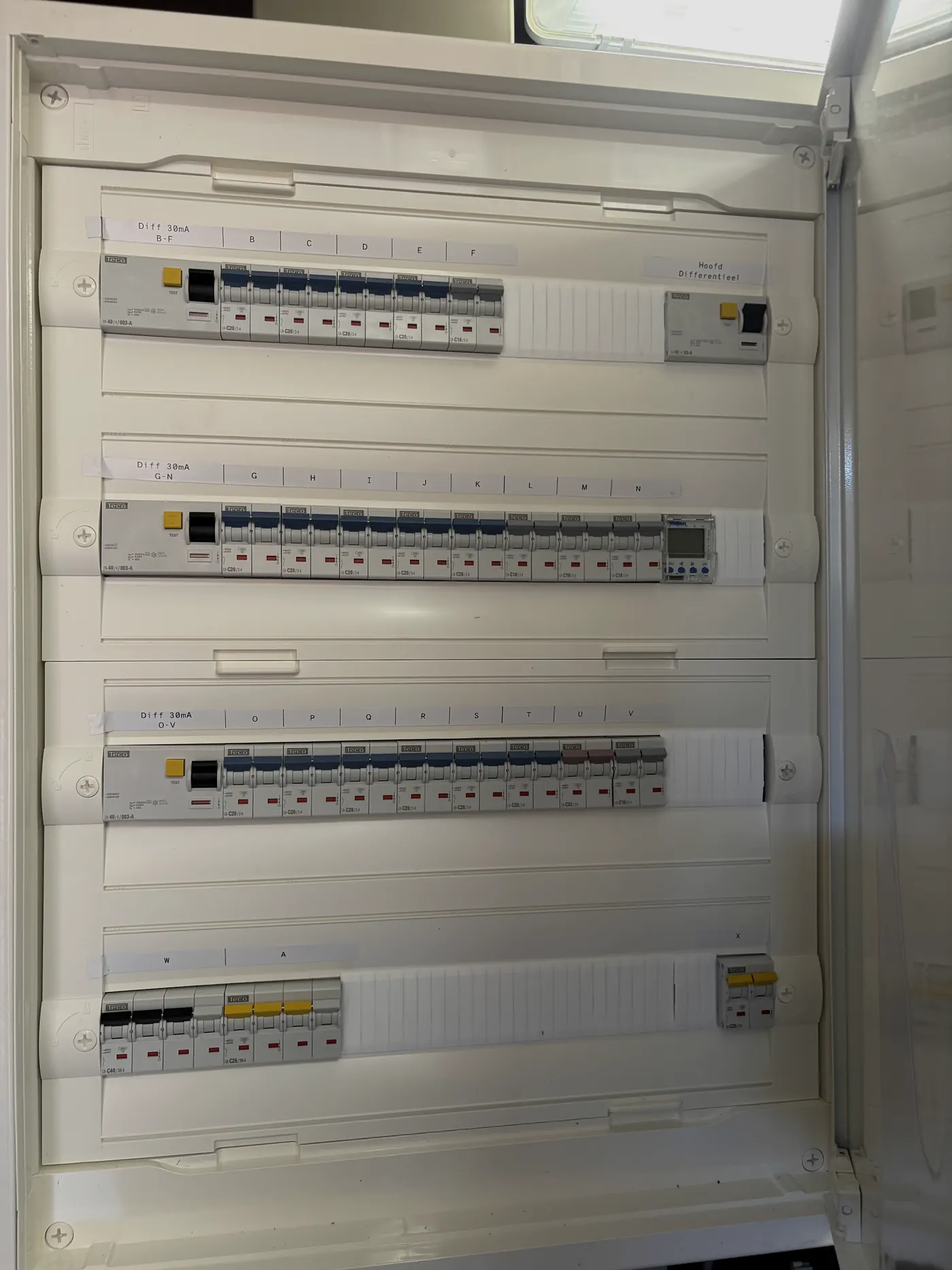 Nieuwe Hager zekeringkast vervangen in het Waasland, nette rijen automaten met gelabelde differentieelgroepen, geplaatst door Wattra