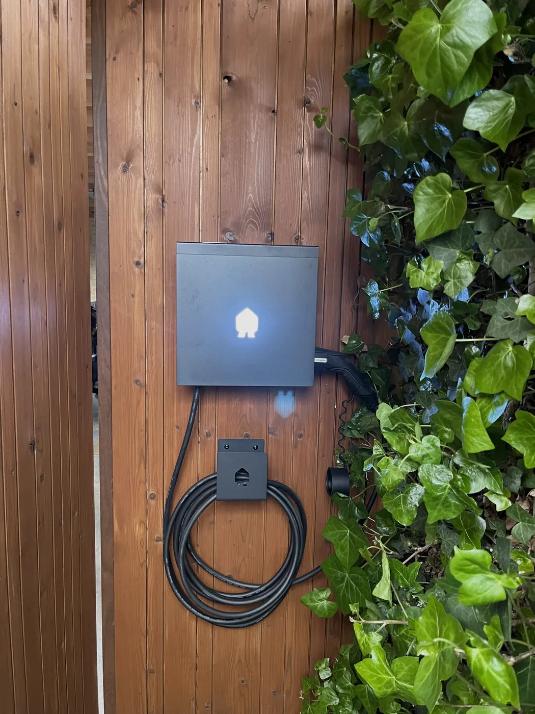 Zwarte Smappee lader op houten wand naast klimop, geplaatst door Wattra