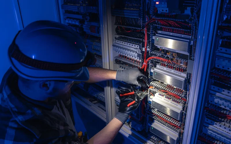 Male electrician working in switchboard with electrical connecting cable. Young adult electrical engineer in special clothes with flashlight on helmet in dark room with emergency lights in background. SSUCv3H4sIAAAAAAAAA41Py26DMBD8lz0byeC2IfxK1IOxF7BicGSvG0WIf+8aiHqtT7sz63ms4Cx00Ch1VRclK2NqWdU1DlXb1G31oeTQWDMY1AgCrCaErlaqlV9KNtfPVl0kPwG9Ts5At4LzPieKmlxYoGMm4mIx7iNaRyE67XnbBCTSlBMm/sabYe2R2X1/693WgnNANk+5L8Mm/ol9C9AjLuZV9LcSxKPe7W5M3Z+EcT69A00lIouEvFB8HUI+hIfuPTcetE8oYNIp8YE9Af74iM64ZTwbcPEwH/MSqDjteSiYu7On1VF6cowWnxXywwdt0Z507mdH9F4j/jh8/l1v2/YLkX0rhrIBAAA=